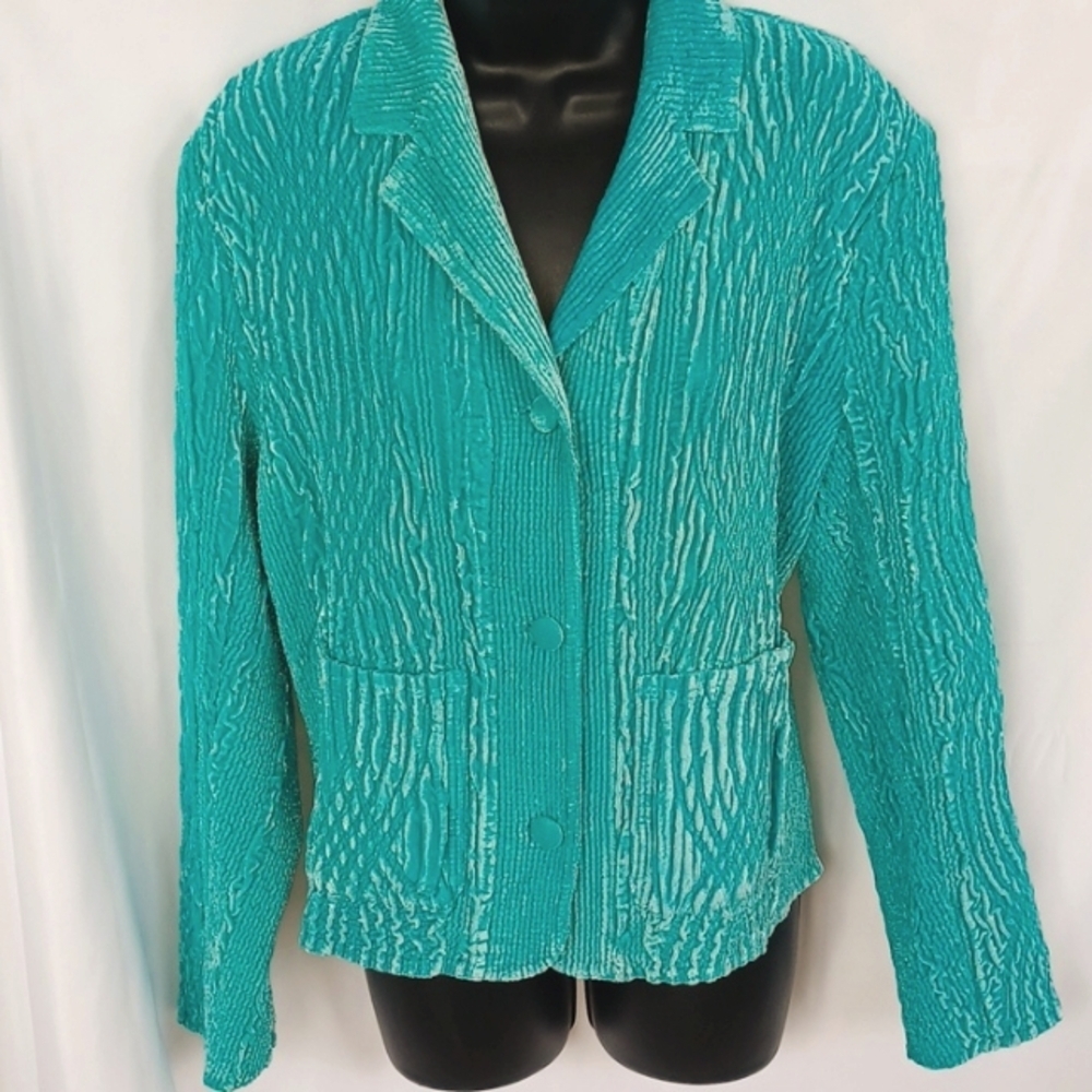Rhonda Stark Textured Velvet Turquoise Blazer - Size M, vintage, stretchy